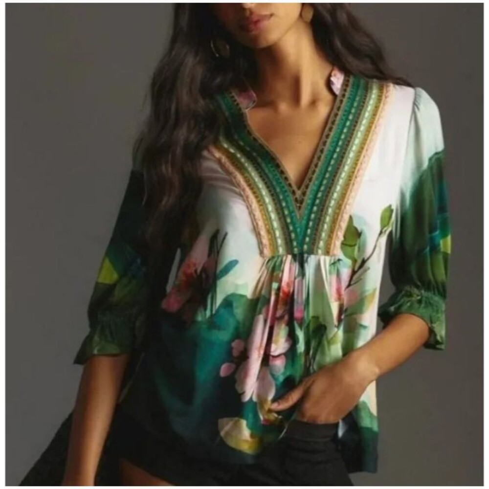 Anthropologie Green Floral V-Neck Boho Blouse